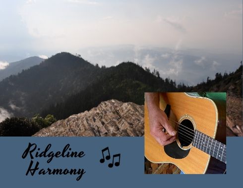 Background of mountain ridges and inset of guitar - Ridgeline Harmony